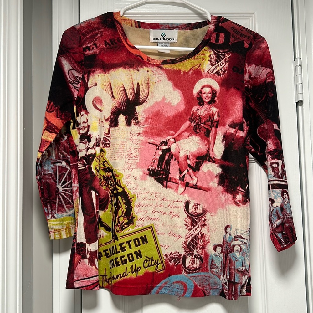 Erin London western collage 3/4 sleeve mesh top